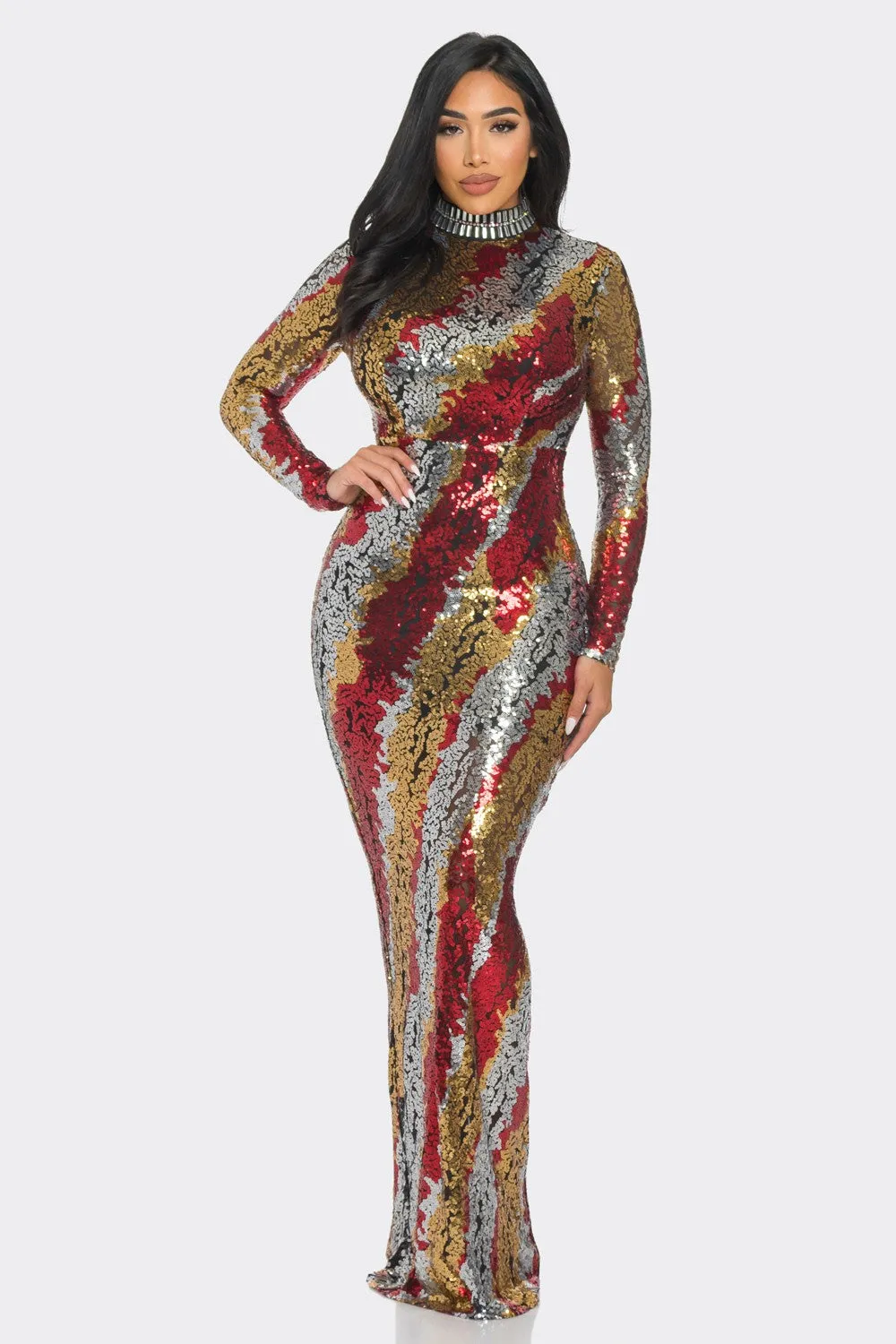 SEQUIN MOCK NECK LONG SLEEVE MAXI DRESS