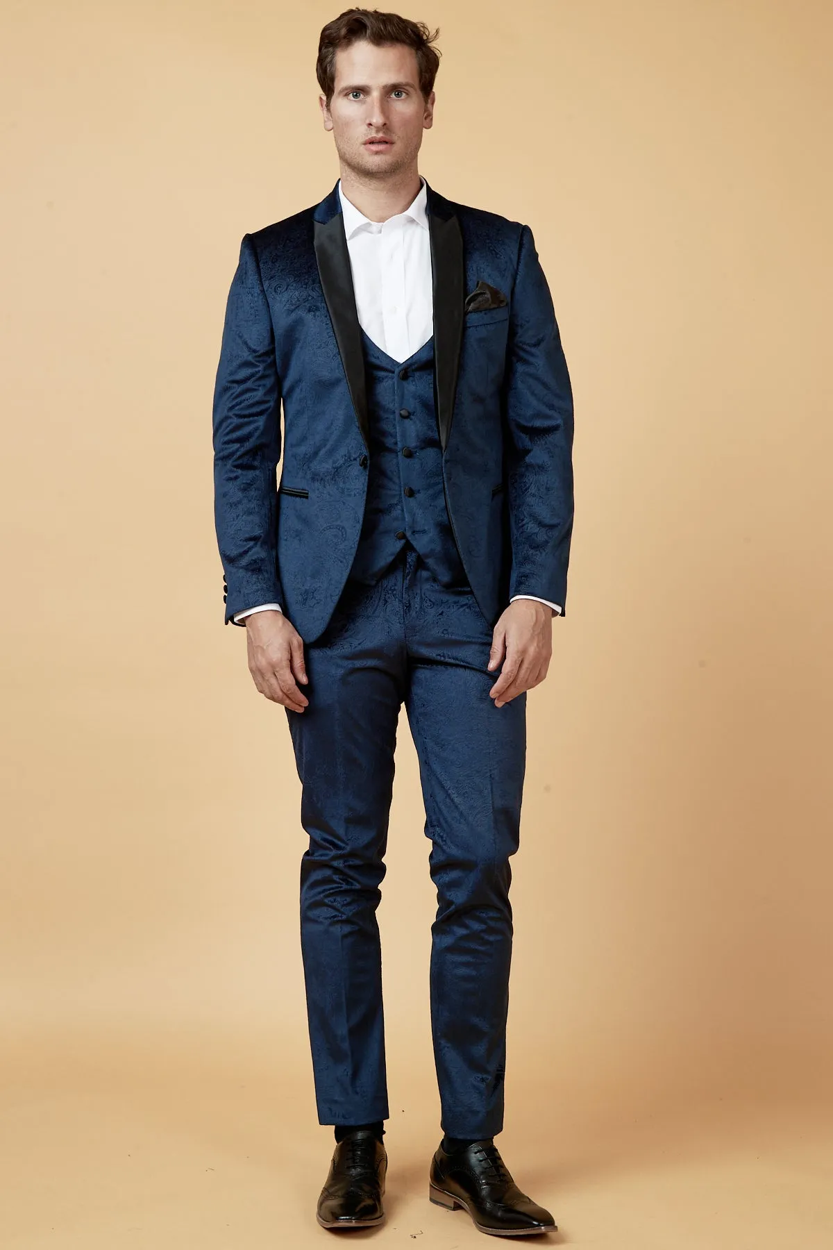 SIMON - Navy Velvet Jacquard Three Piece Suit