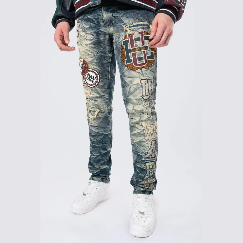 Slim Varsity Patch Jeans - Alley Blue