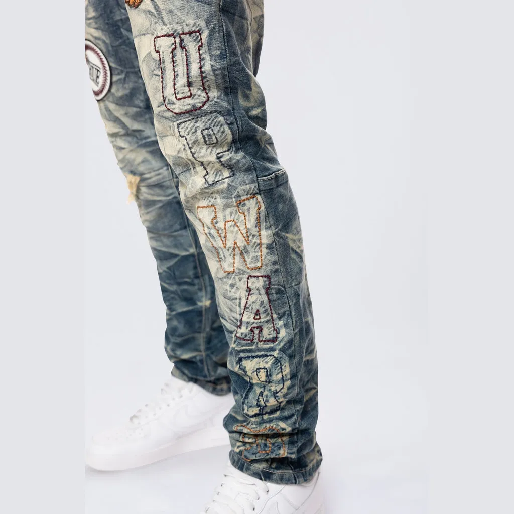 Slim Varsity Patch Jeans - Alley Blue