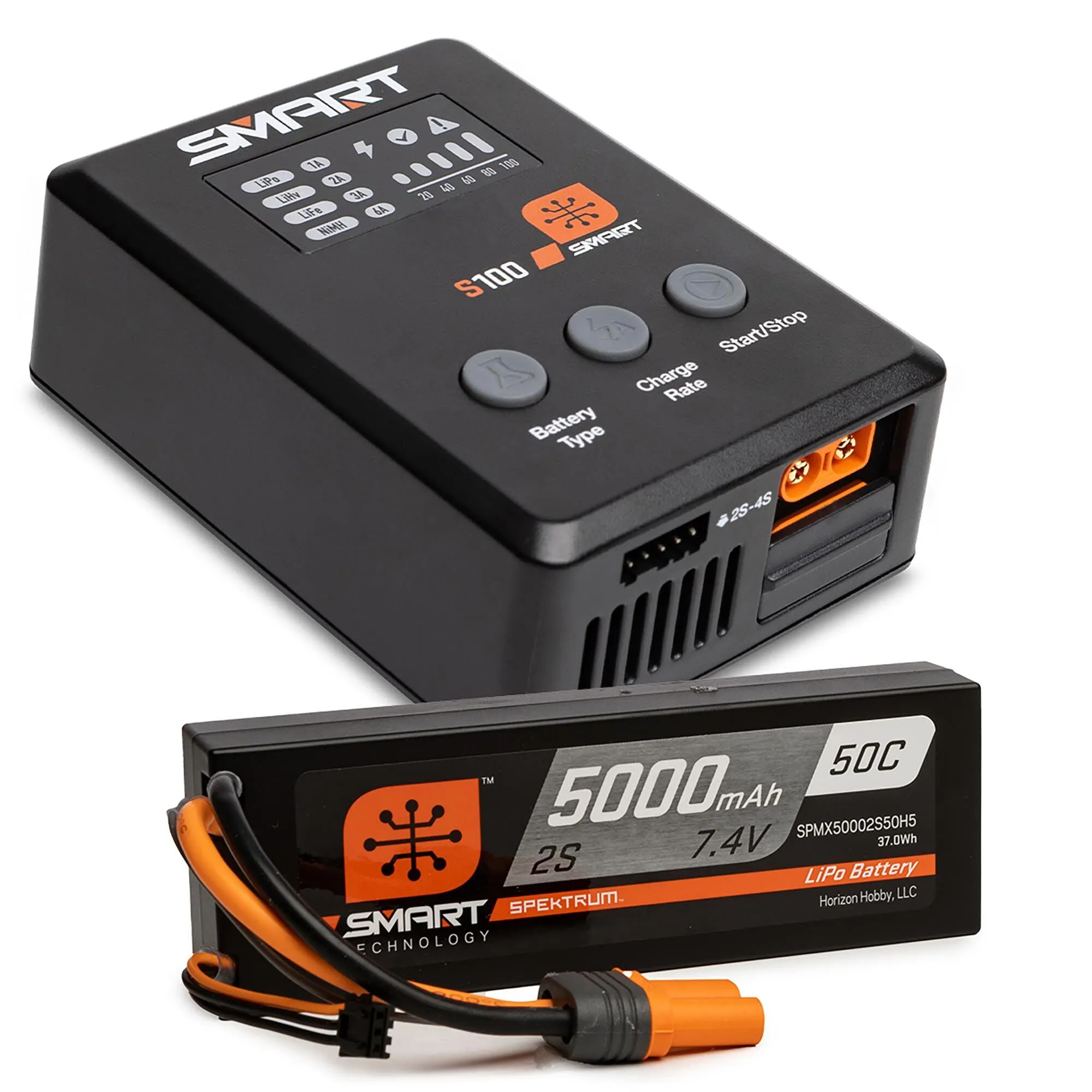 Spektrum Smart Powerstage Surface Bundle: 5000mAh 2S 50C LiPo Battery (IC5) / 100W S100 Charger SPMX-1032