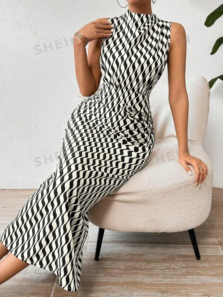 Stand collar wave striped sleeveless dress in multi