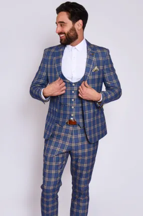 TONY - Blue Yellow Check Suit With Single Breasted Waistcoat