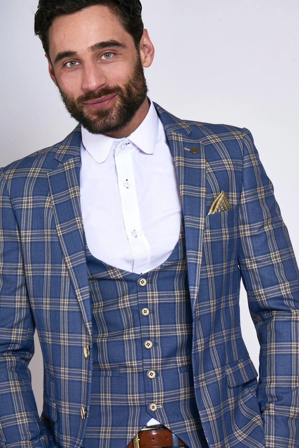 TONY - Blue Yellow Check Suit With Single Breasted Waistcoat