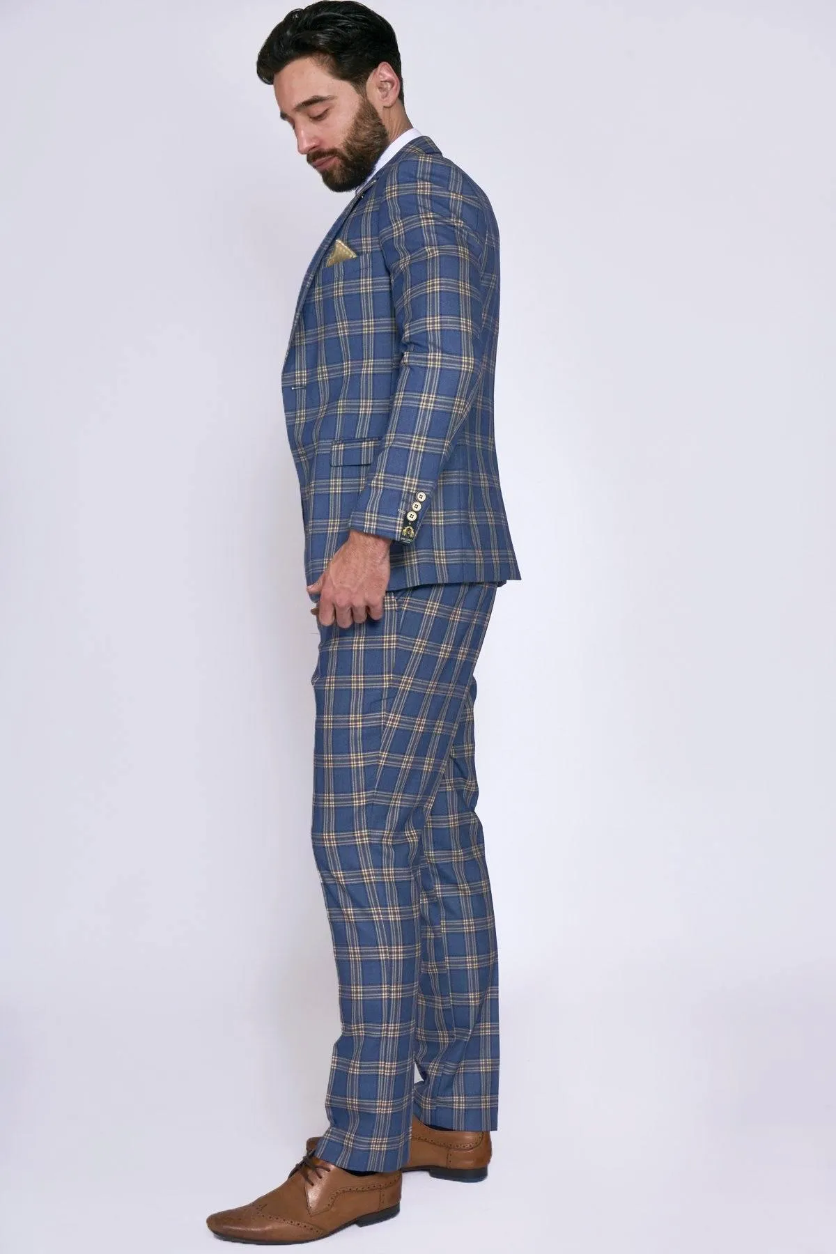 TONY - Blue Yellow Check Suit With Single Breasted Waistcoat