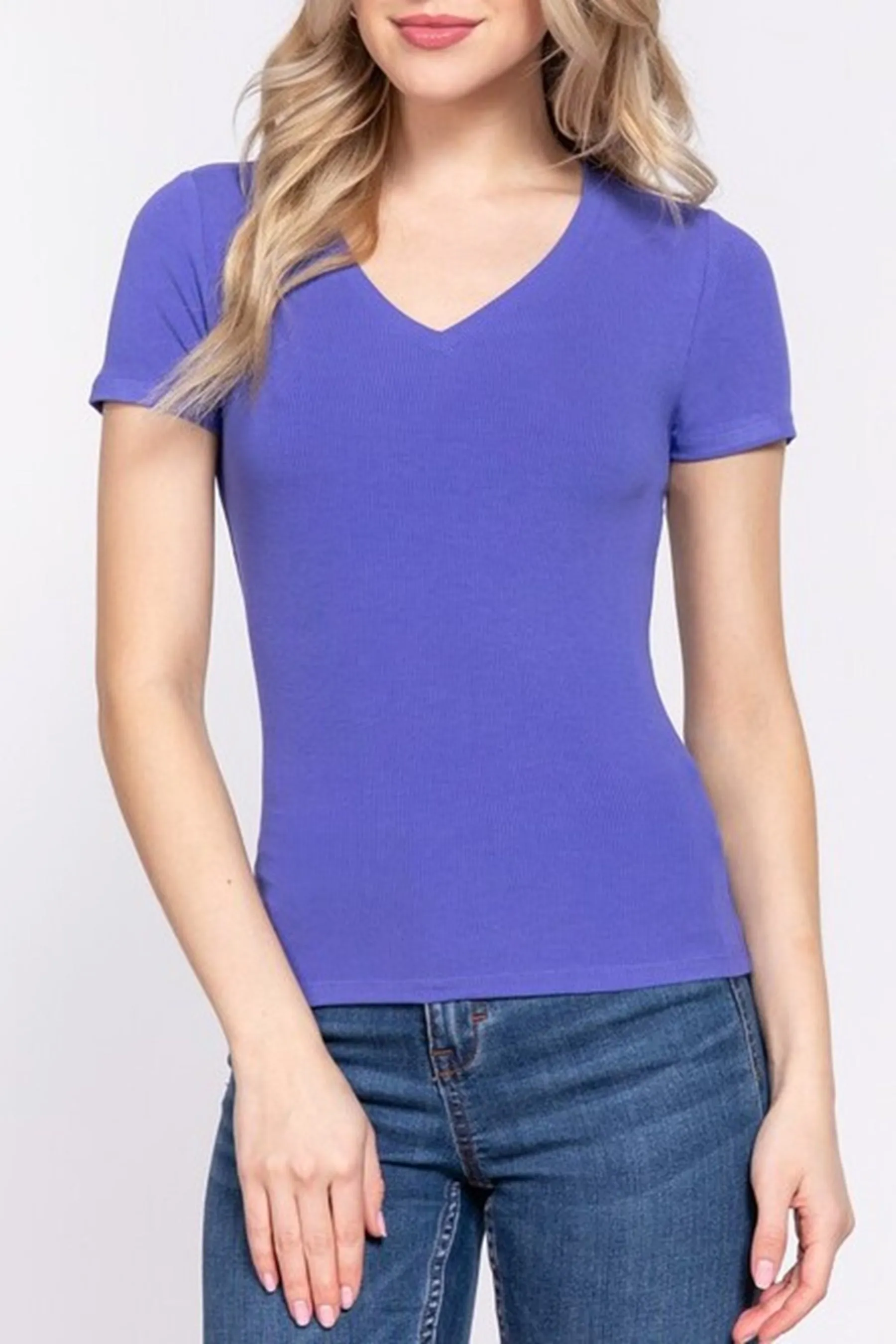 Women's Casual  Short Sleeve V Neck Ribbed Knit Tops